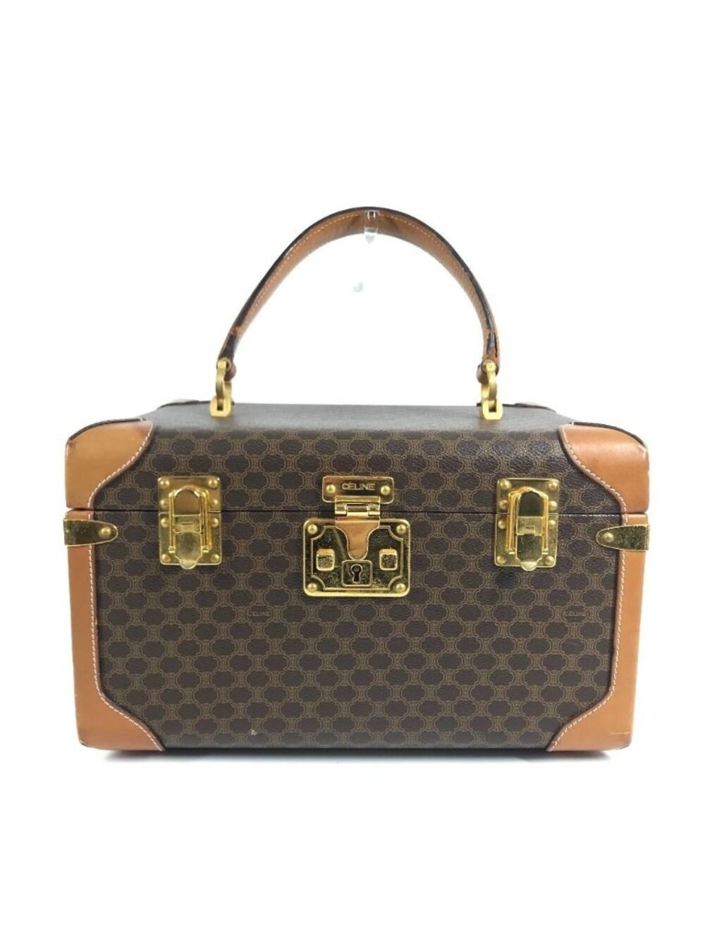 Celine Handbag Macadam Logo Makeup Box Vanity Bag Vintage Leather Brown